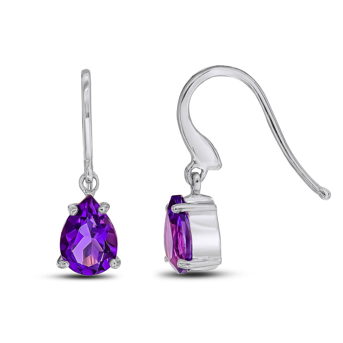 9CT WG 7X5MM PEARSHAPE AMETHYST CLAW SET WIRE HOOK DROP EARRINGS