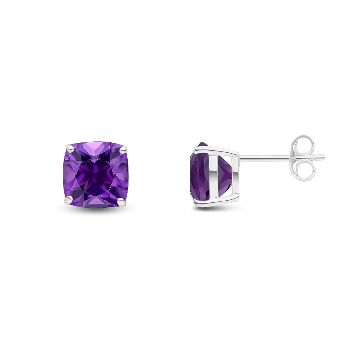9CT WG 8MM CUSHION AMETHYST CLAW SET EARRINGS