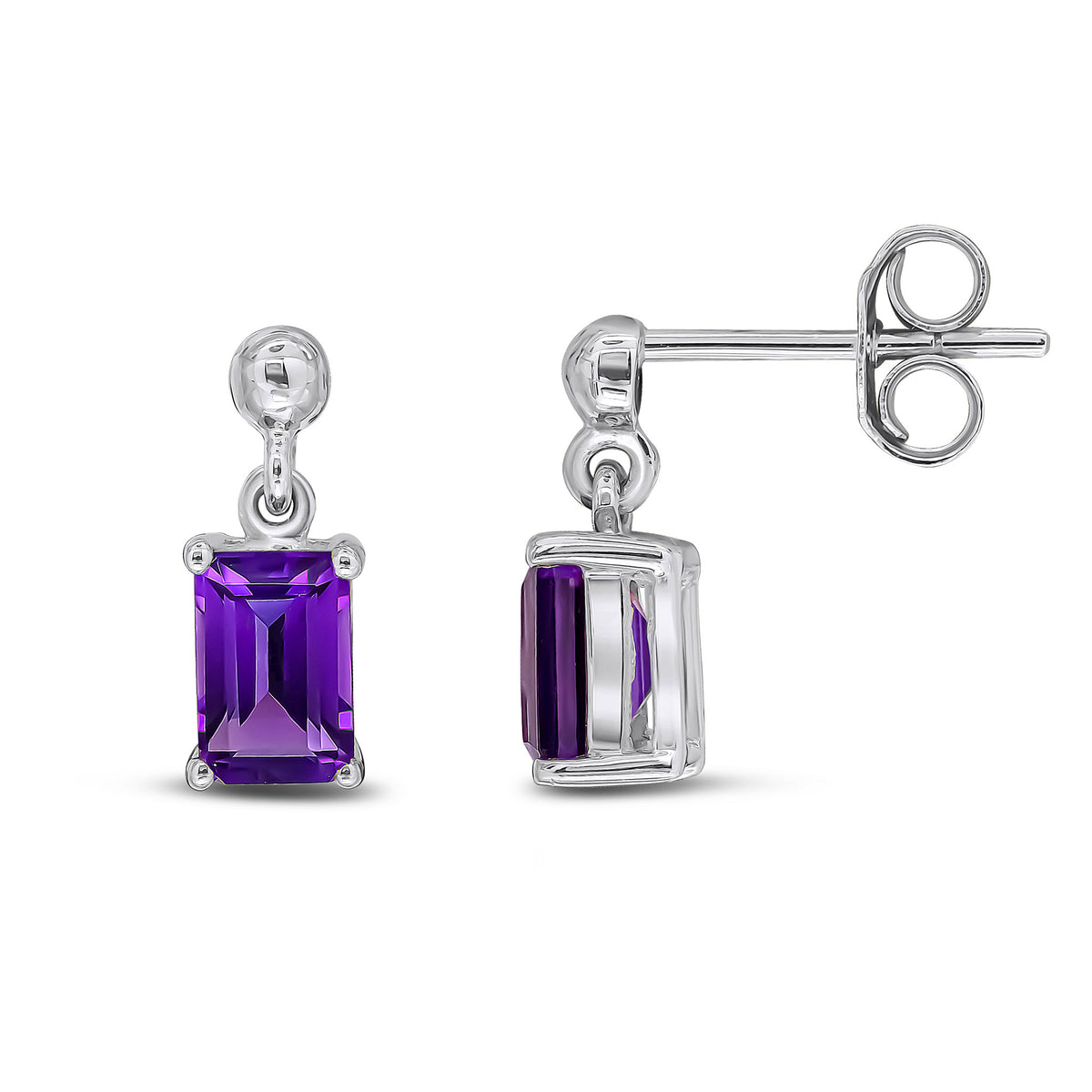 9CT WG 6X4 OCTAGON AMETHYST CLAW SET DROP EARRINGS WITH BEAD TOP