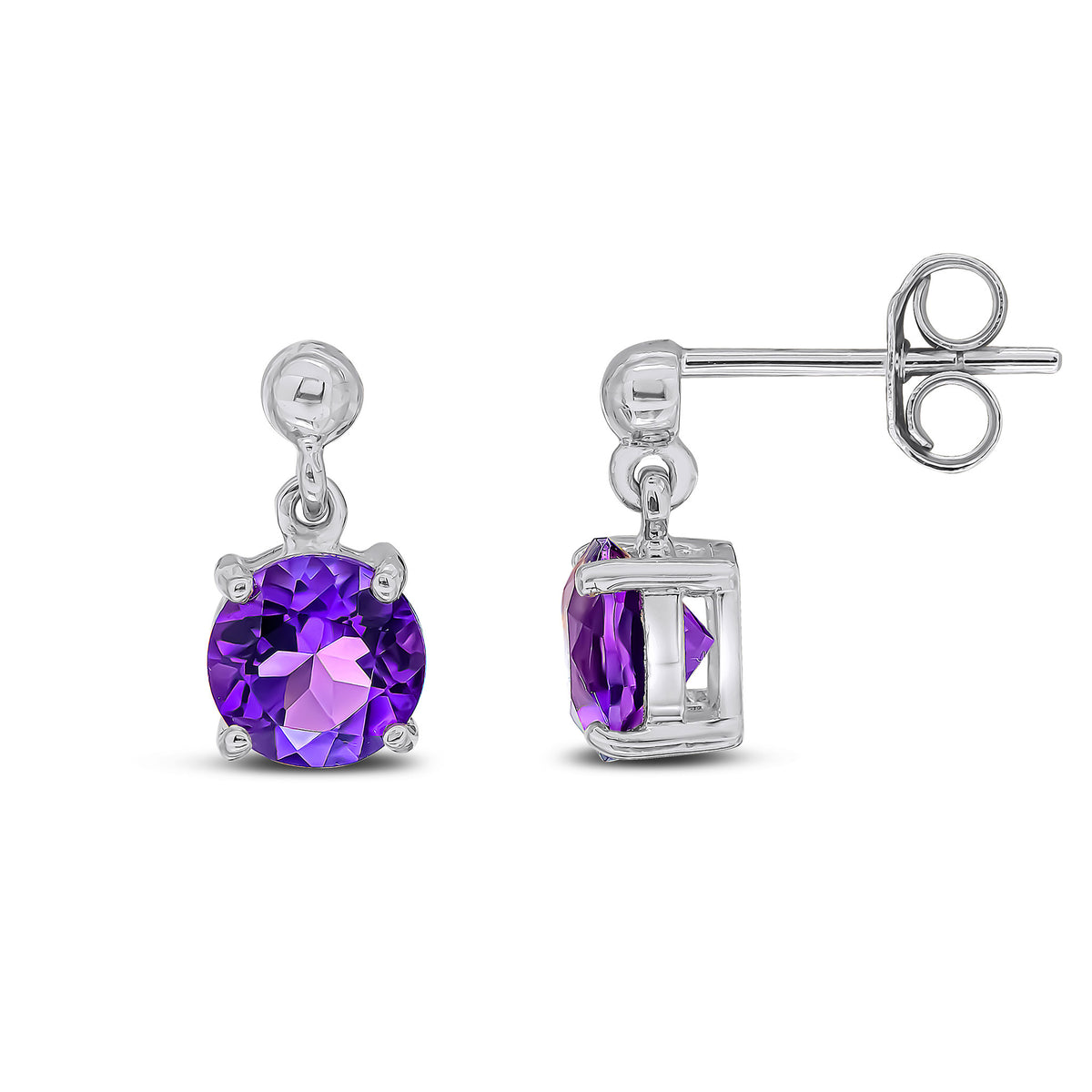 9CT WG 6MM ROUND AMETHYST CLAW SET DROP EARRINGS WITH BEAD TOP