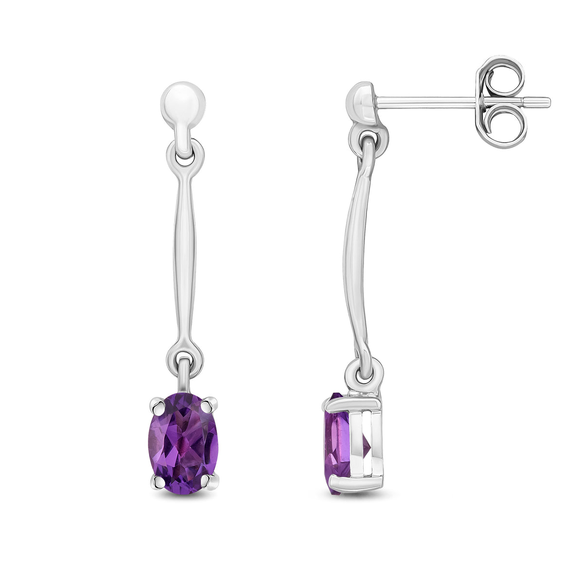 9CT WG CLAW SET 6X4MM OVAL AMETHYST AND BAR DROP EARRINGS