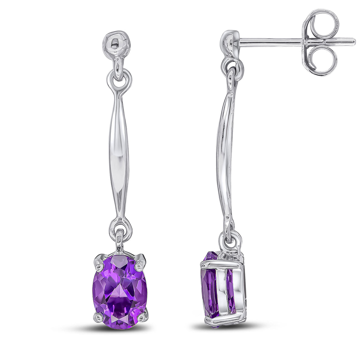 9CT WG 7X5MM OVAL AMETHYST AND BAR DROP EARRINGS WITH BEAD TOP
