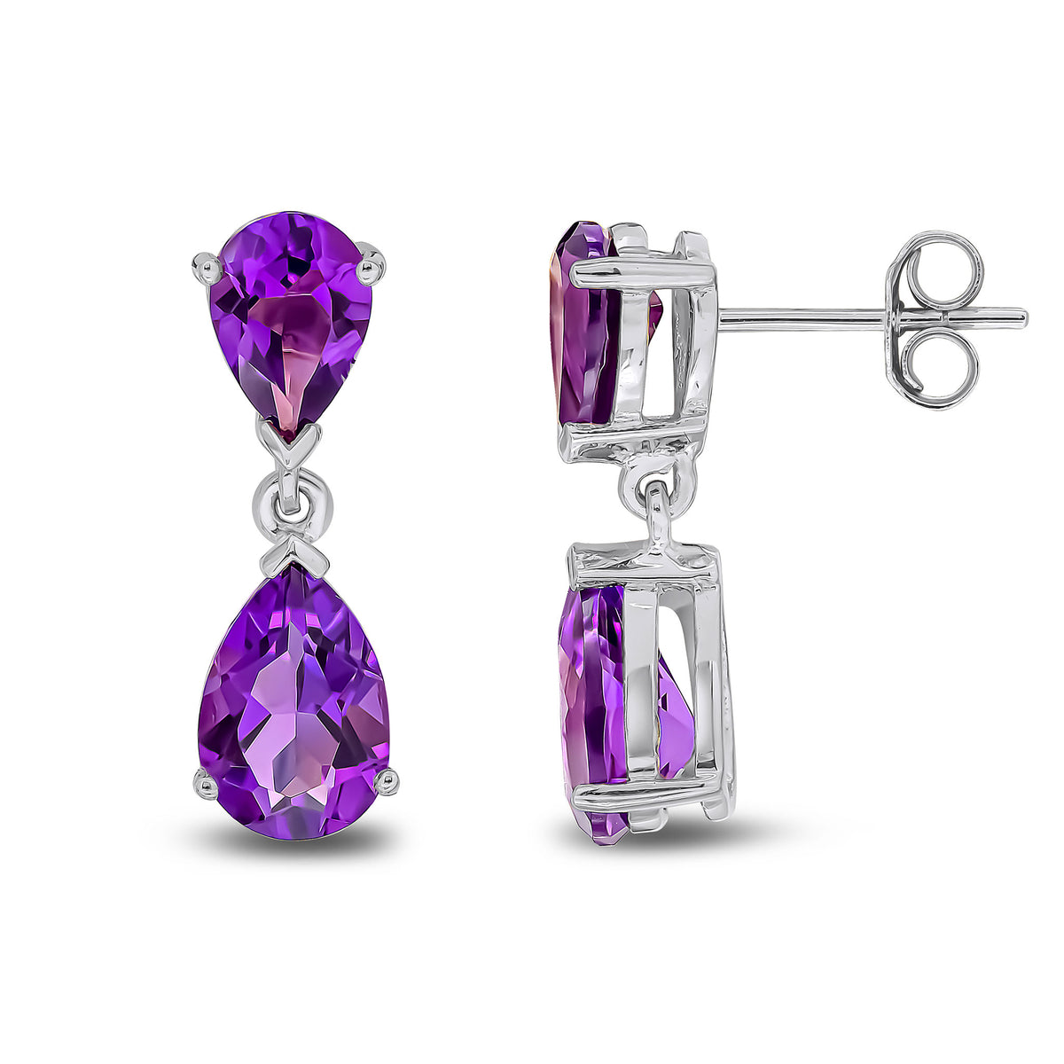 9CT WG PEARSHAPE AMETHYST 2ST CLAW SET DROP EARRINGS
