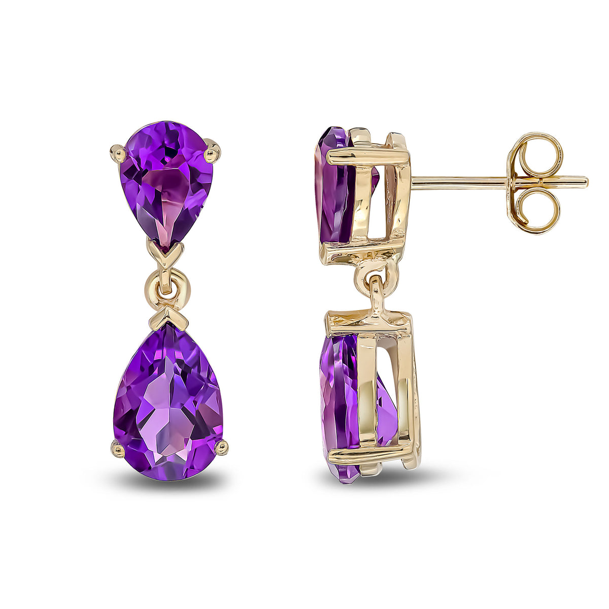 9CT YG PEARSHAPE AMETHYST 2ST CLAW SET DROP EARRINGS