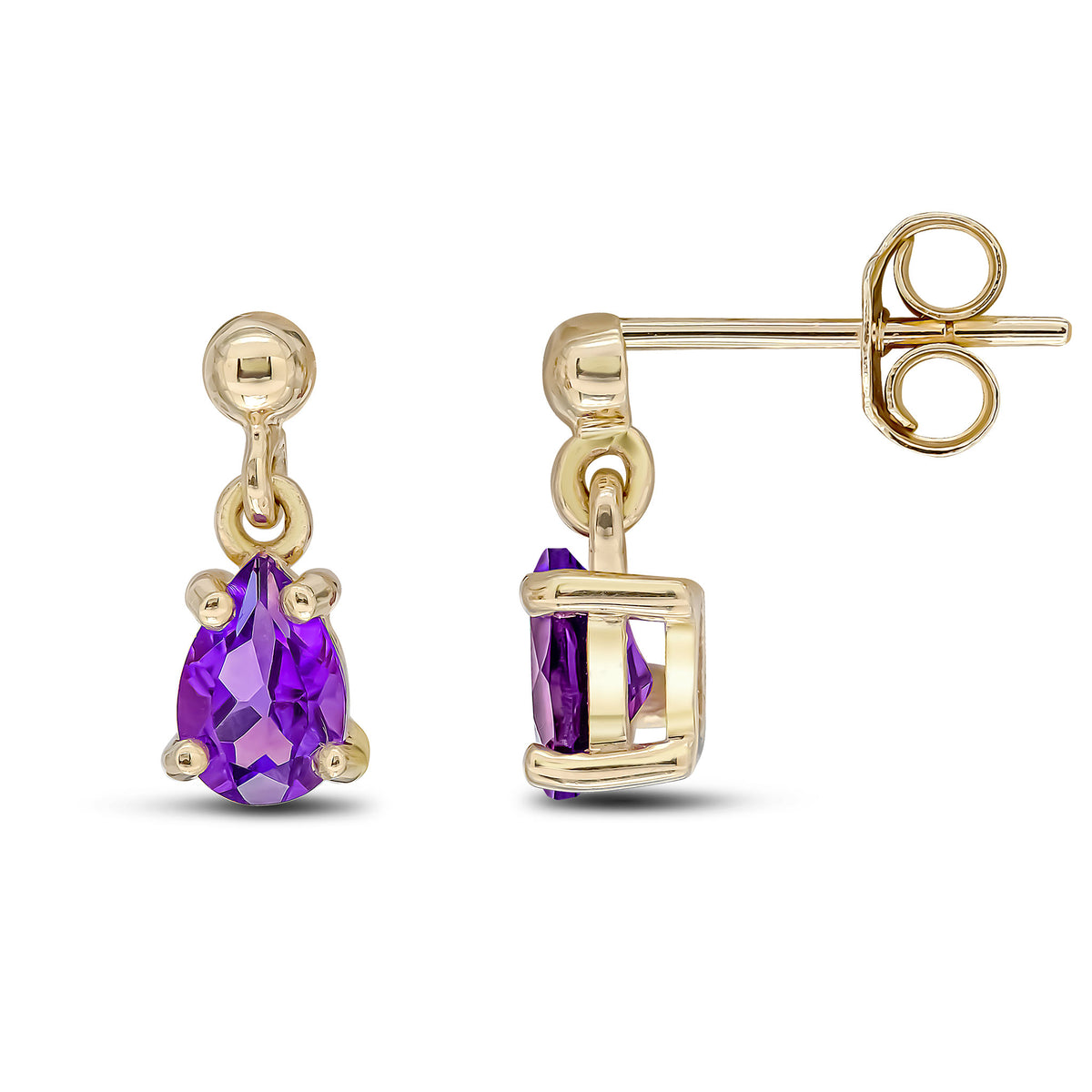 9CT YG 6X4 PEARSHAPE AMETHYST CLAW SET DROP EARRINGS WITH BEAD STUD TOP