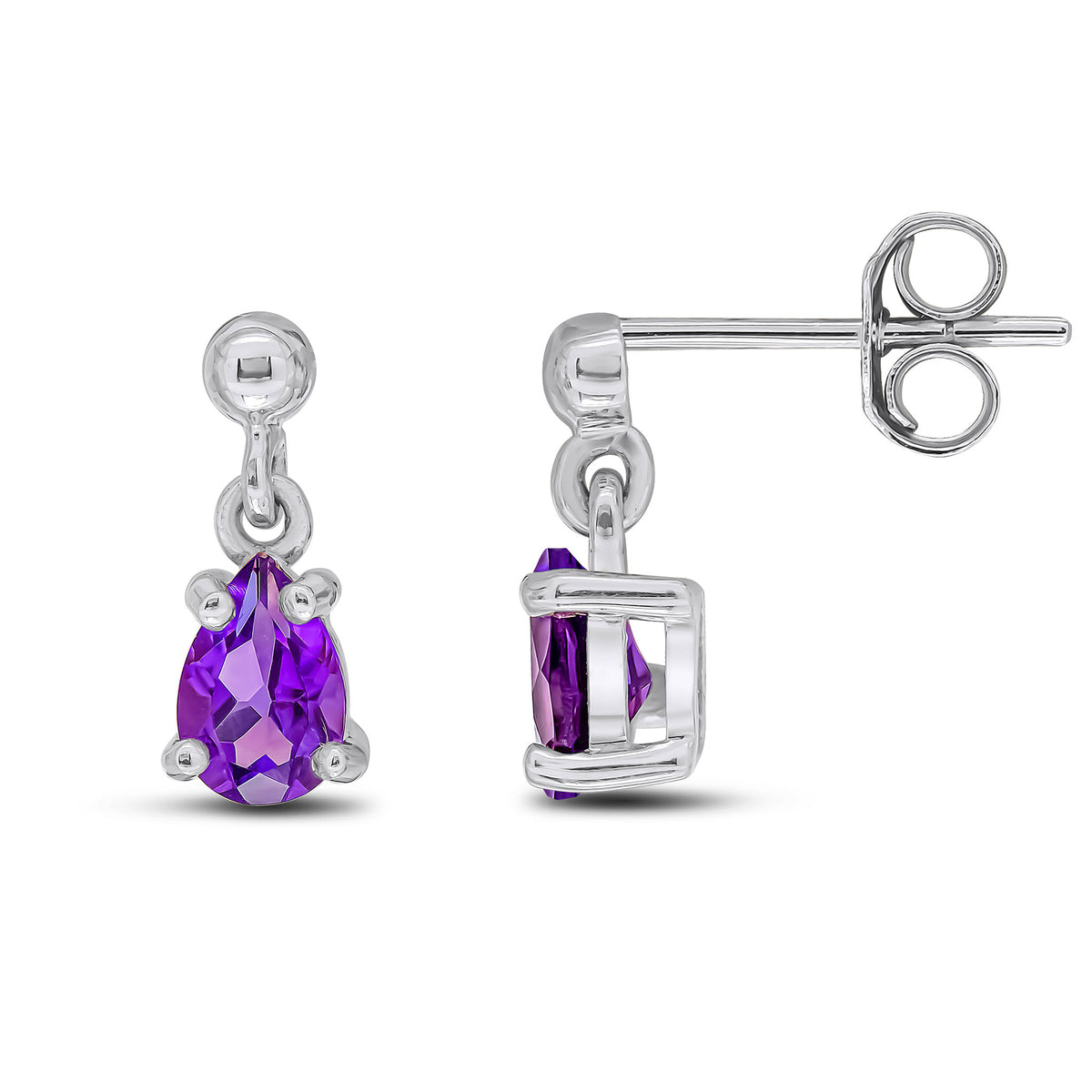 9CT WG 6X4 PEARSHAPE AMETHYST CLAW SET DROP EARRINGS WITH BEAD STUD TOP