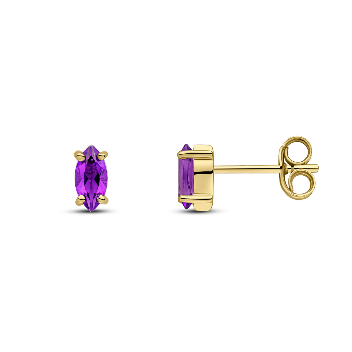 9CT YG 6X3MM MARQUISE AMETHYST CLAW SET EARRINGS