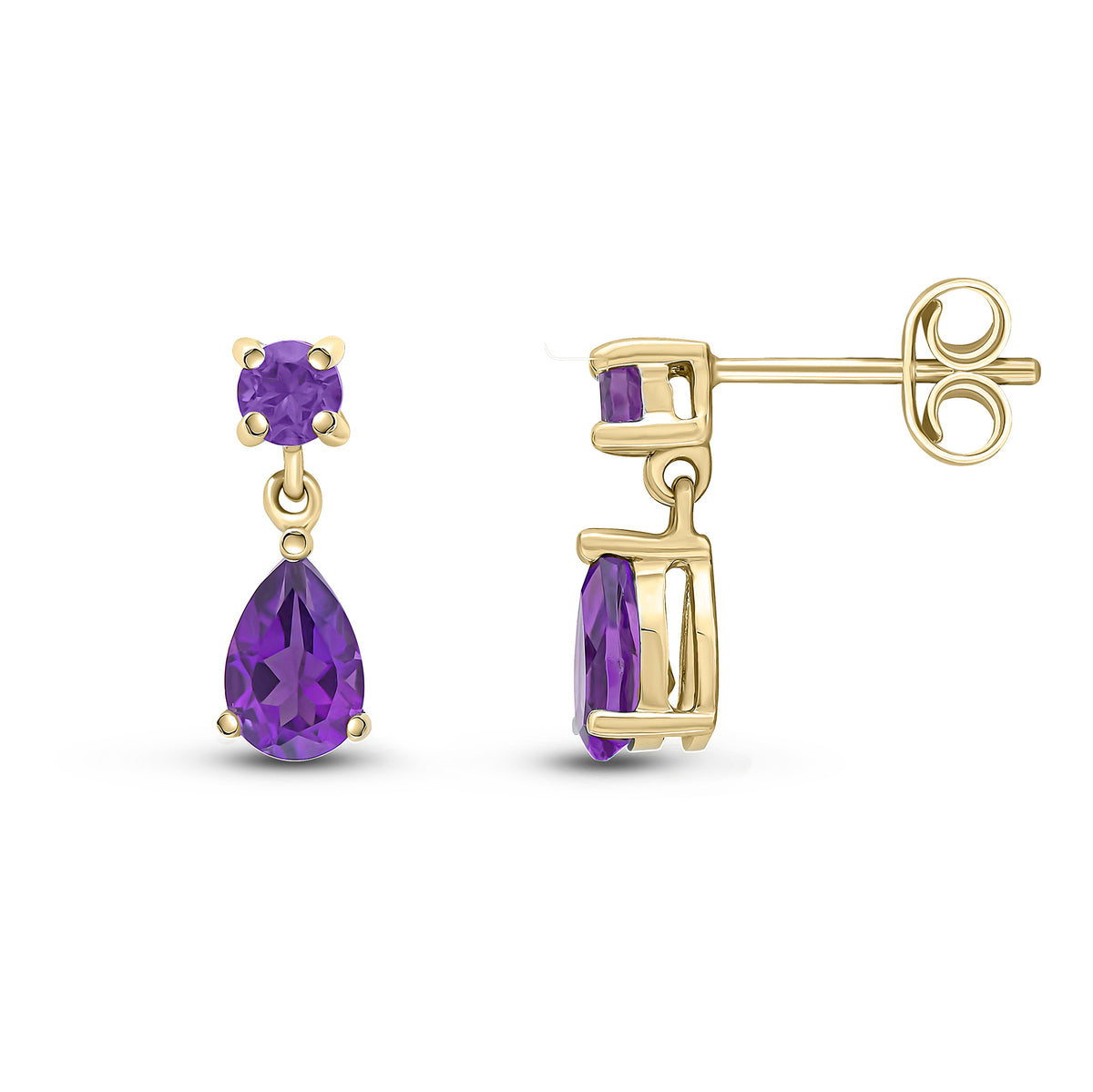 9CT YG ROUND AND PEARSHAPE AMETHYST 2ST CLAW SET DROP EARRINGS