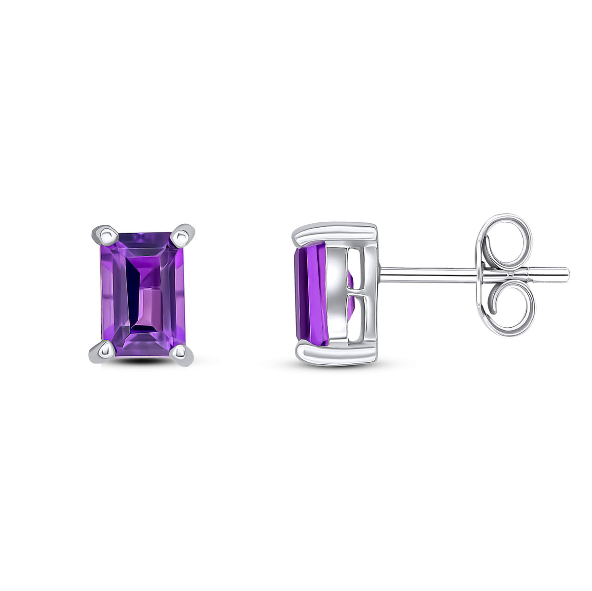 9CT WG 6X4 OCTAGON AMETHYST CLAW SET EARRINGS