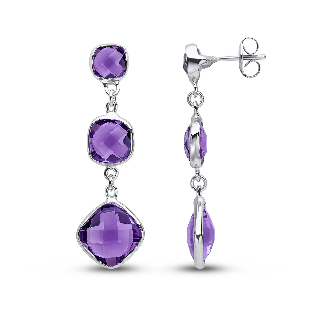 9CT WG CHECKERBOARD CUSHION AMETHYST 3ST DROP EARRINGS