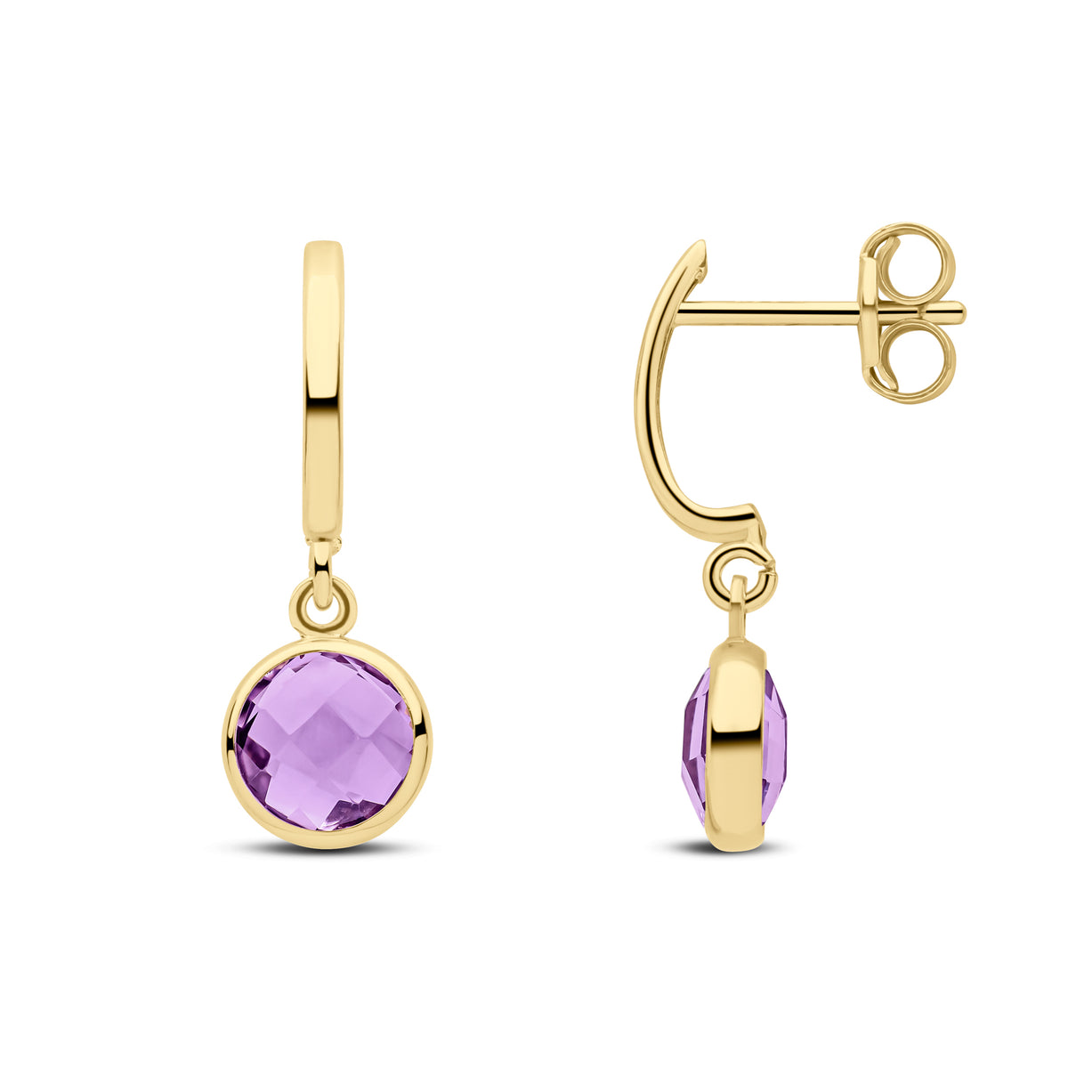 9CT YG CURVED BAR TOP WITH CHECKERBOARD CUT ROUND AMETHYST SPEC SET DROP EARRINGS