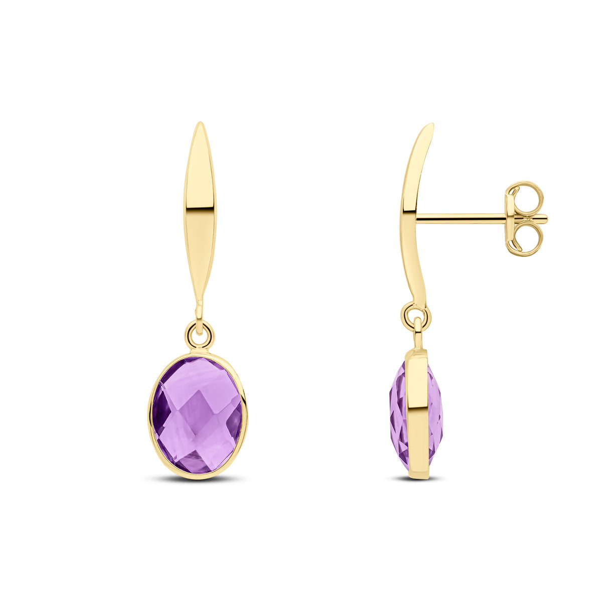 9CT YG POLISHED MARQUISE BAR TOP WITH CHECKERBOARD CUT OVAL AMETHYST DROP EARRINGS