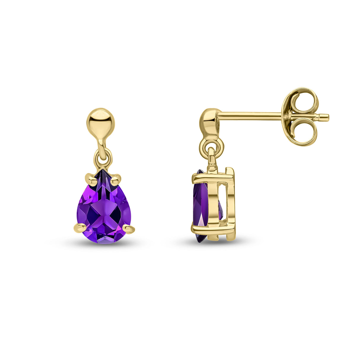 9CT YG 7X5 PEARSHAPE AMETHYST CLAW SET DROP EARRINGS WITH BEAD TOP