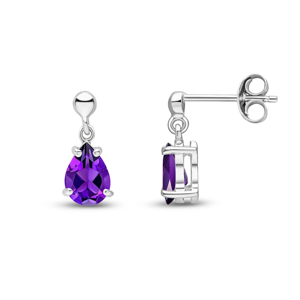 9CT WG 7X5 PEARSHAPE AMETHYST CLAW SET DROP EARRINGS WITH BEAD TOP