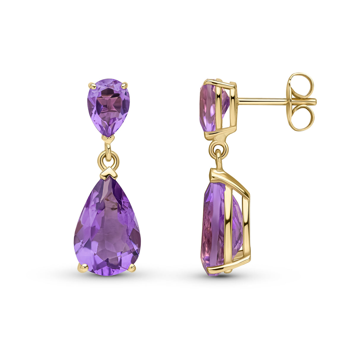 9CT YG PEARSHAPE AMETHYST CLAW SET 2ST DROP EARRINGS