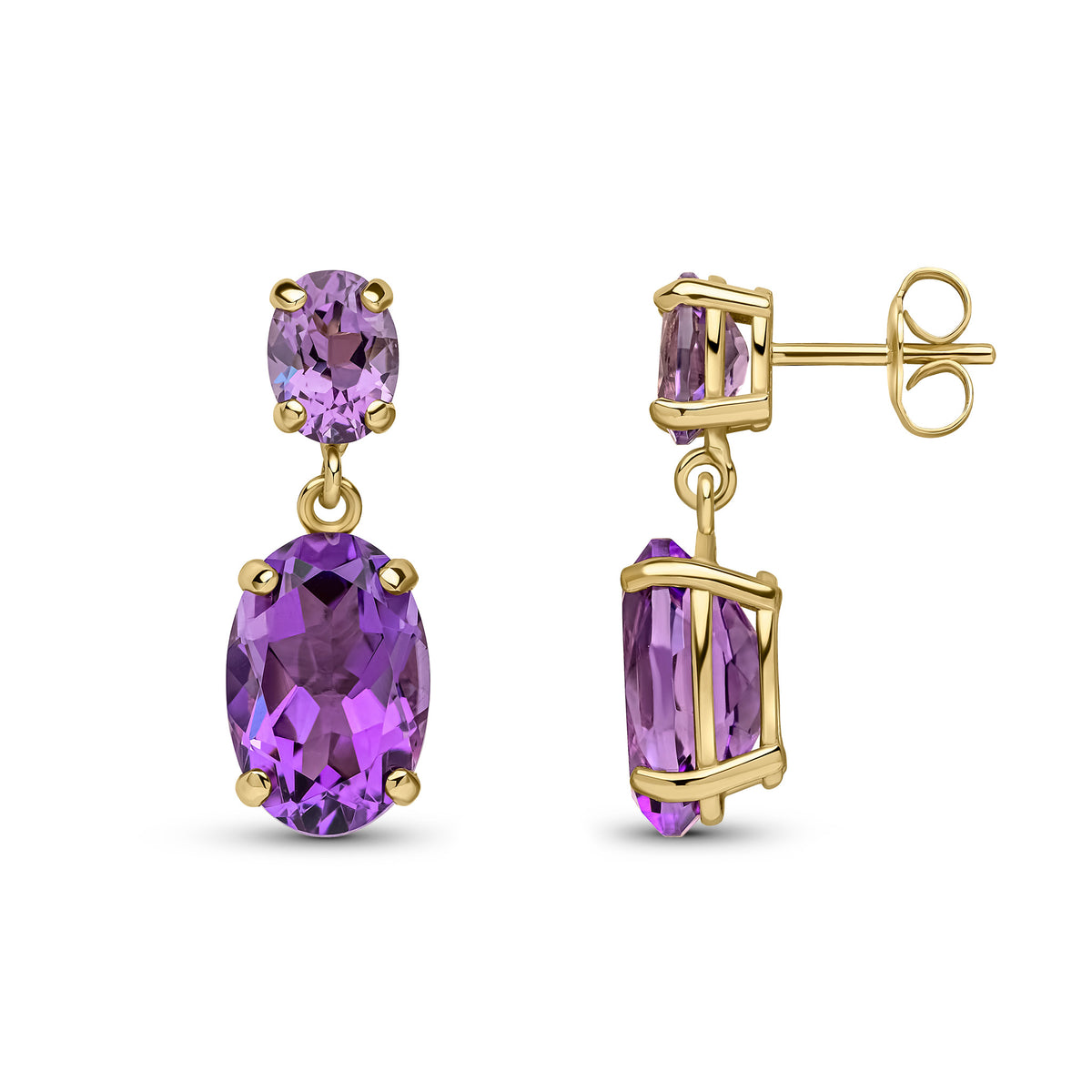 9CT YG OVAL AMETHYST CLAW SET 2ST DROP EARRINGS