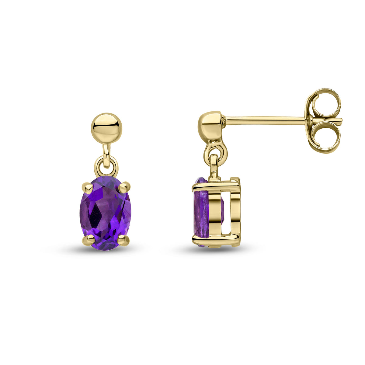 9CT YG 6X4 OVAL AMETHYST CLAW SET DROP EARRINGS WITH BEAD TOP