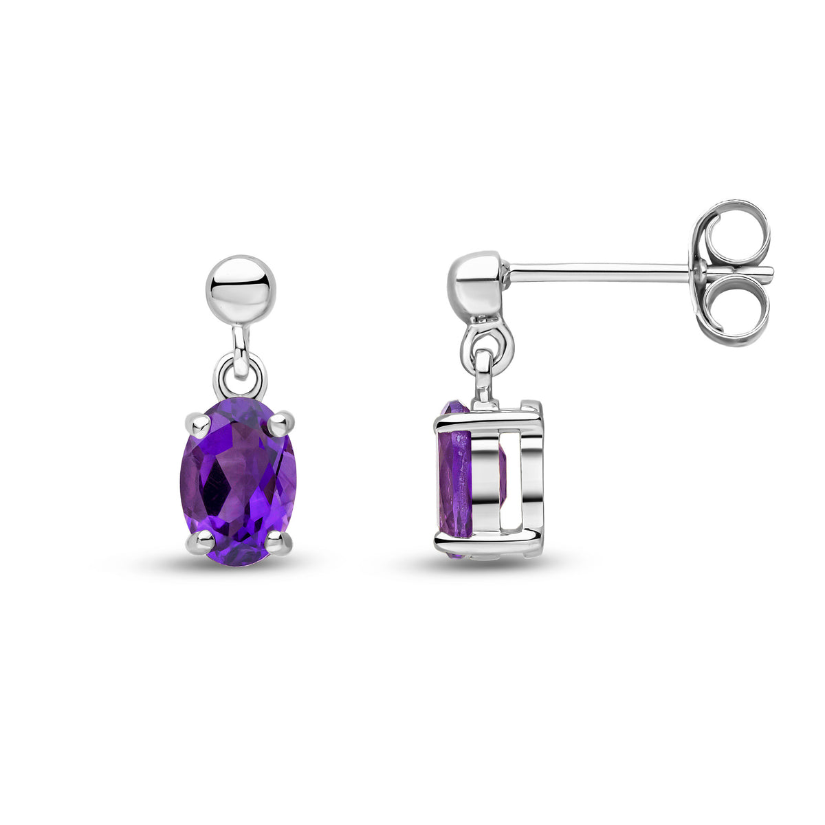 9CT WG 6X4 OVAL AMETHYST CLAW SET DROP EARRINGS WITH BEAD TOP