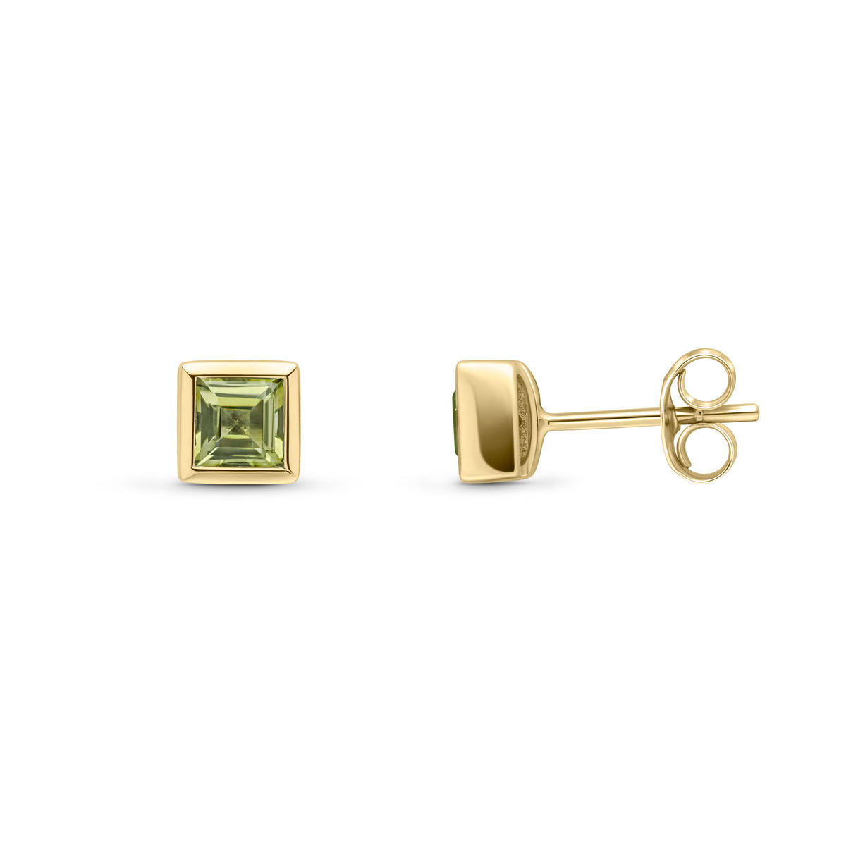 9CT YG 4MM SQUARE PERIDOT RUBOVER SET EARRINGS