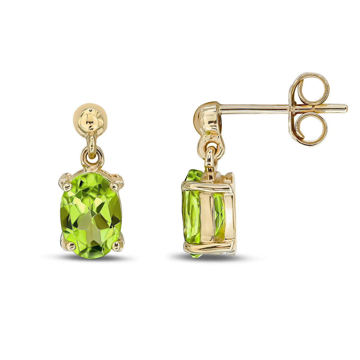 9CT YG OVAL 7X5MM PERIDOT CLAW DROP EARRINGS WITH BALL STUD TOP