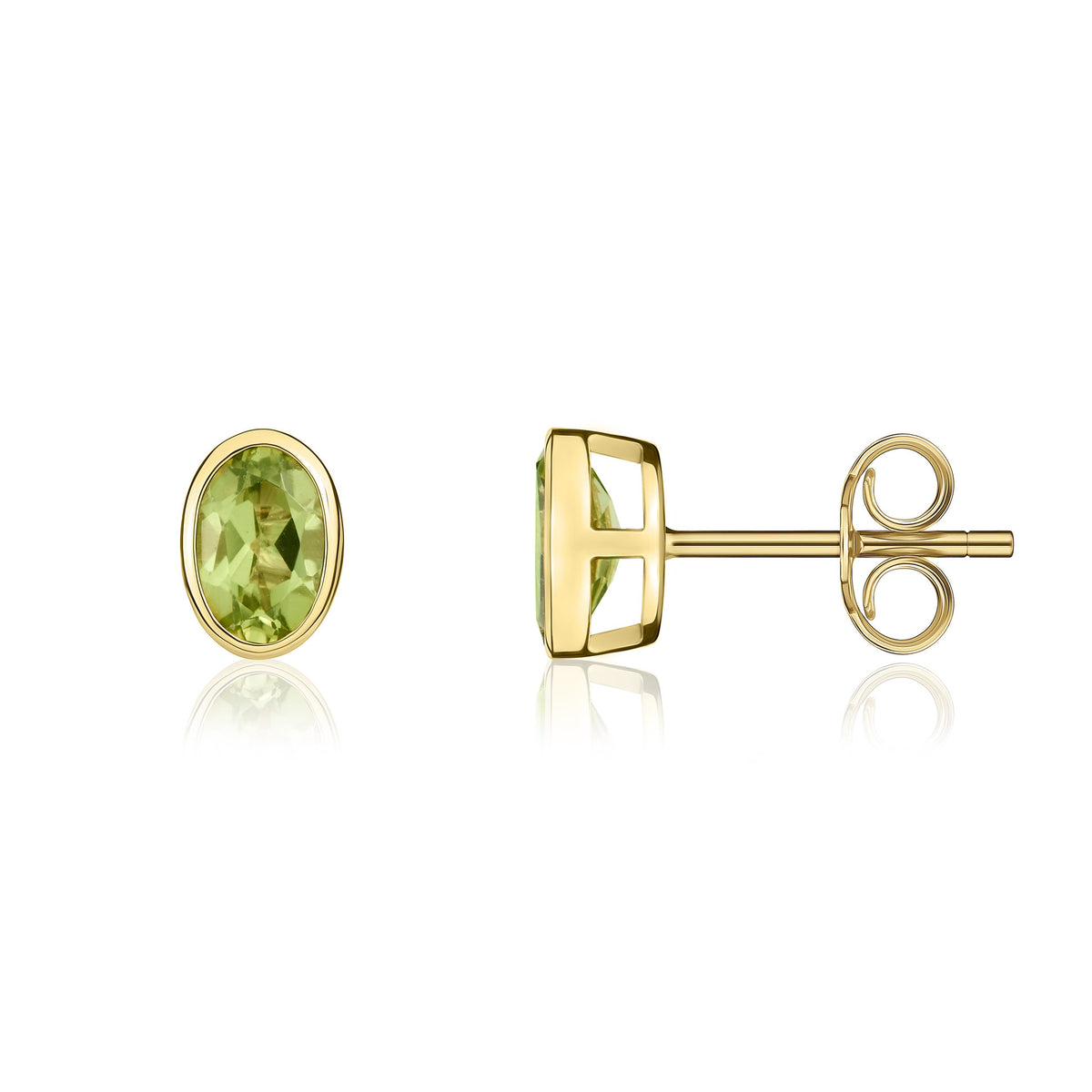 9CT YG 6X4 OVAL PERIDOT RUBOVER STUD EARRINGS