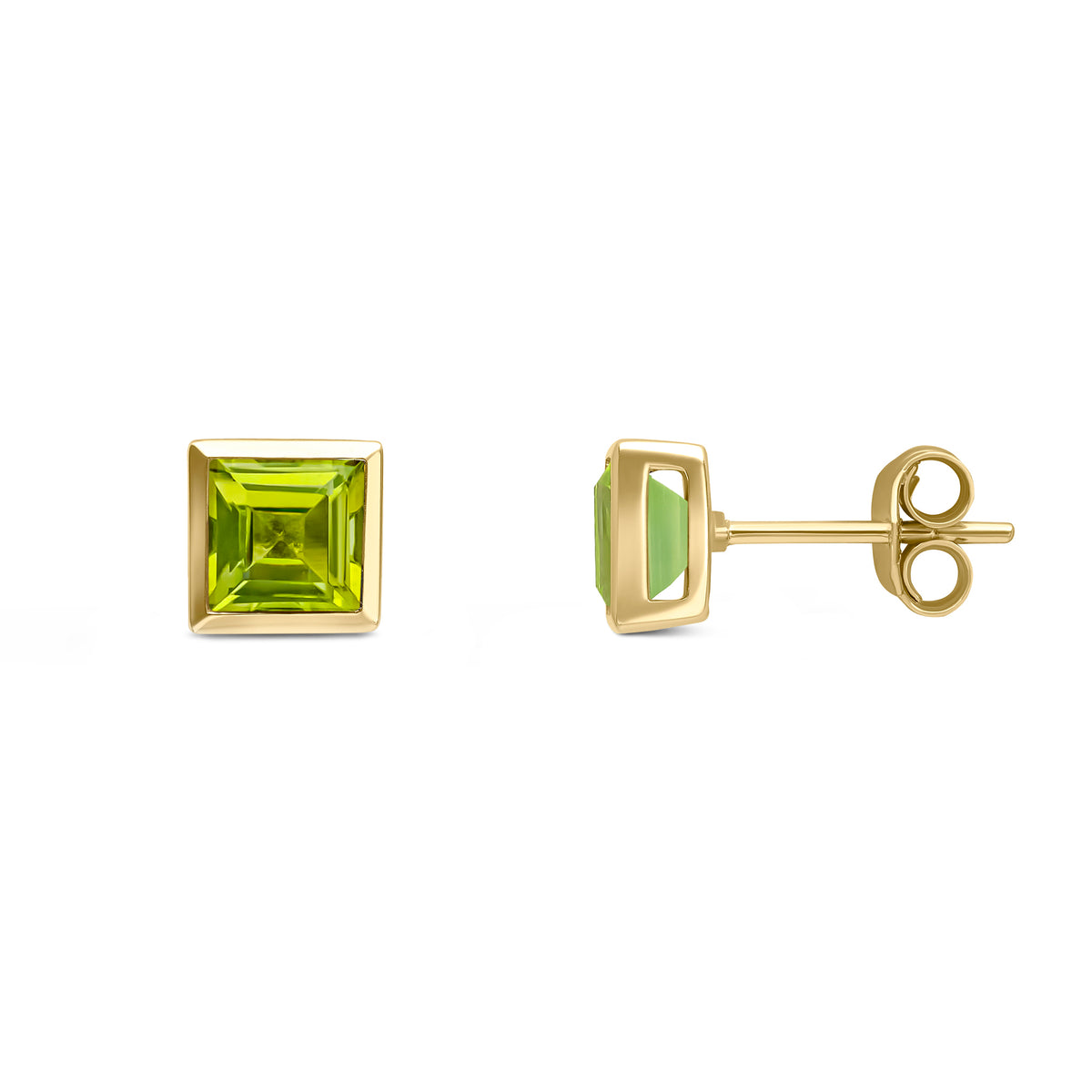 9CT YG 5MM SQUARE PERIDOT RUBOVER SET EARRINGS