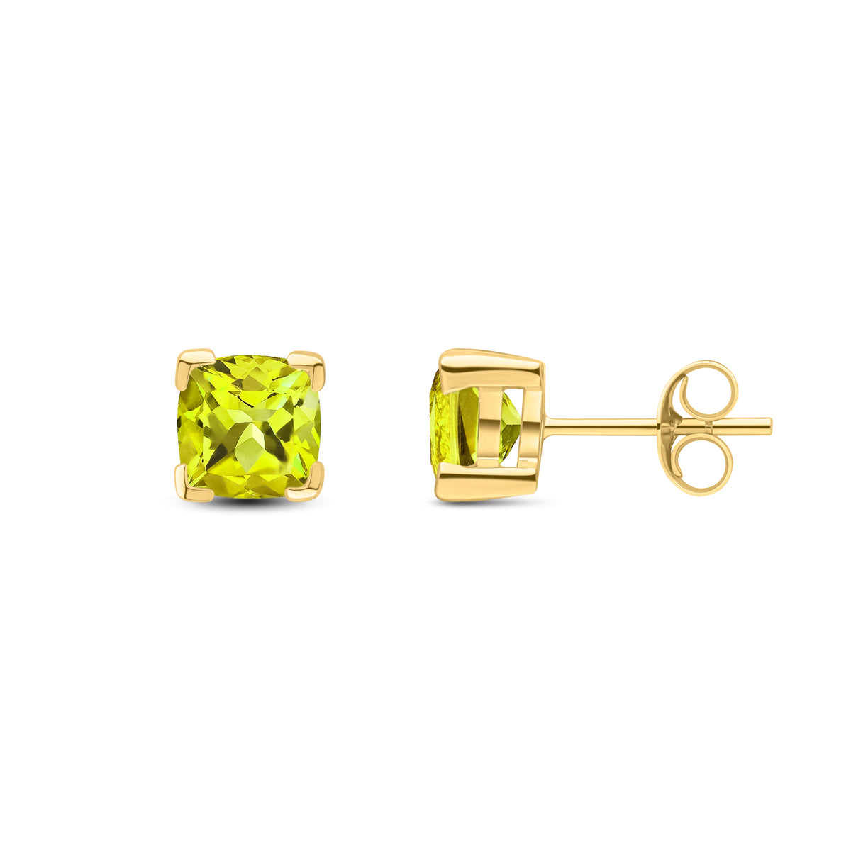 9CT YG 6MM CUSHION PERIDOT CLAW SET EARRINGS