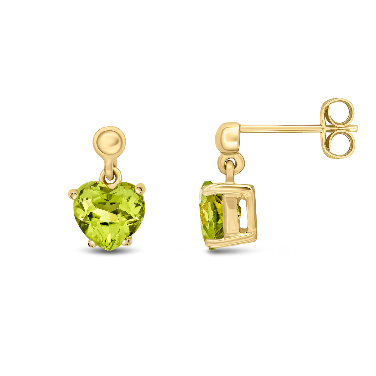9CT YG 6MM HEART-SHAPE PERIDOT CLAW SET DROP EARRINGS WITH 3MM BEAD TOP