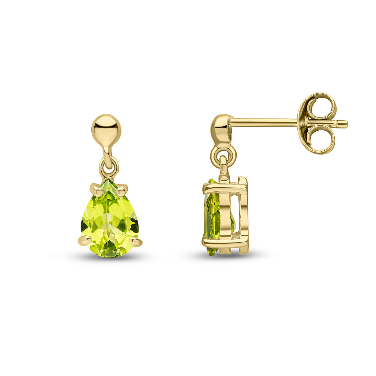 9CT YG 7X5 PEARSHAPE PERIDOT CLAW SET DROP EARRINGS WITH BEAD TOP