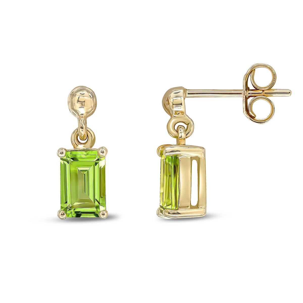 9CT YG 6X4 OCTAGON PERIDOT CLAW SET DROP EARRINGS WITH BEAD TOP