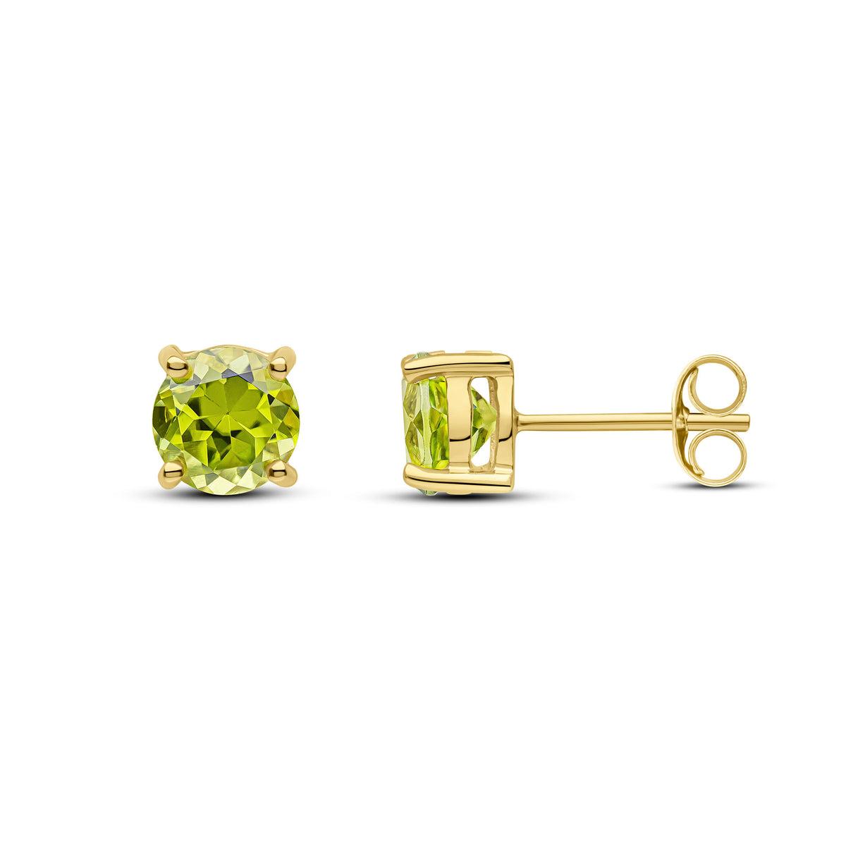 9CT YG 6MM ROUND PERIDOT 4 CLAW EARRINGS