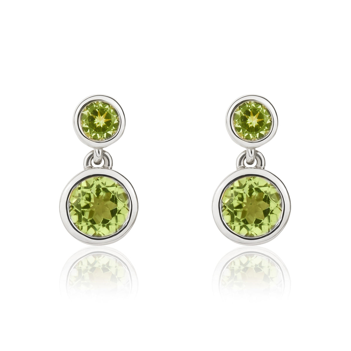 9CT WHITE GOLD ROUND PERIDOT RUBOVER 2ST DROP EARRINGS