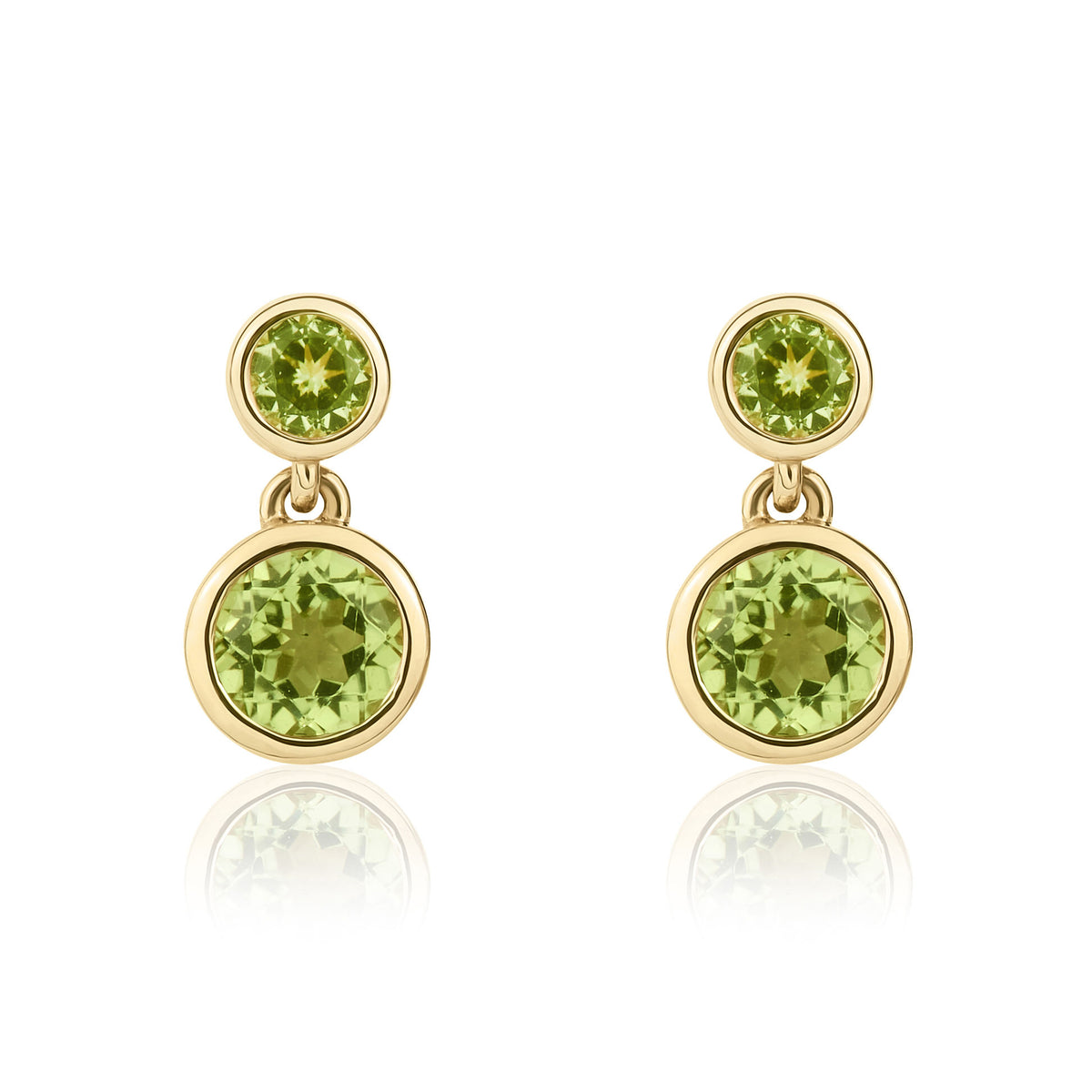 9CT YELLOW GOLD ROUND PERIDOT RUBOVER 2ST DROP EARRINGS