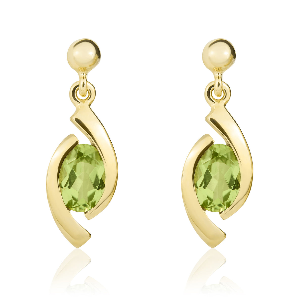 9CT YG OVAL PERIDOT 'EYE' DROP EARRINGS WITH 3MM BEAD TOP