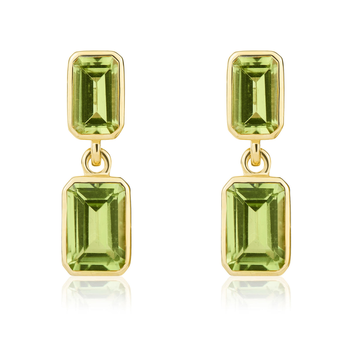 9CT YG OCTAGON PERIDOT 2ST RUBOVER DROP EARRINGS