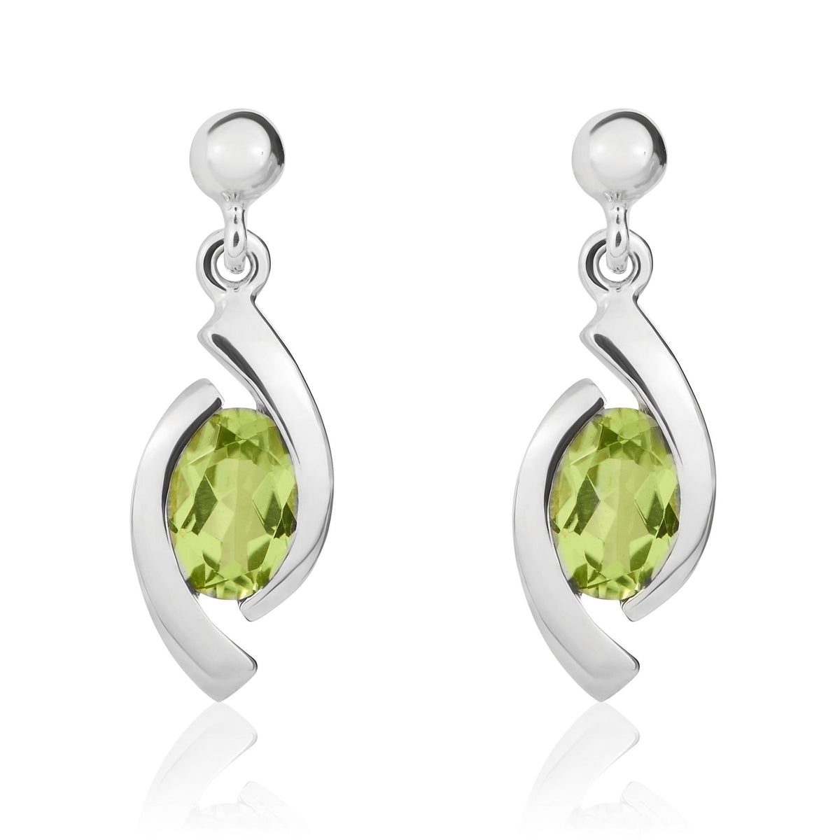 9CT WG OVAL PERIDOT 'EYE' DROP EARRINGS WITH 3MM BEAD TOP