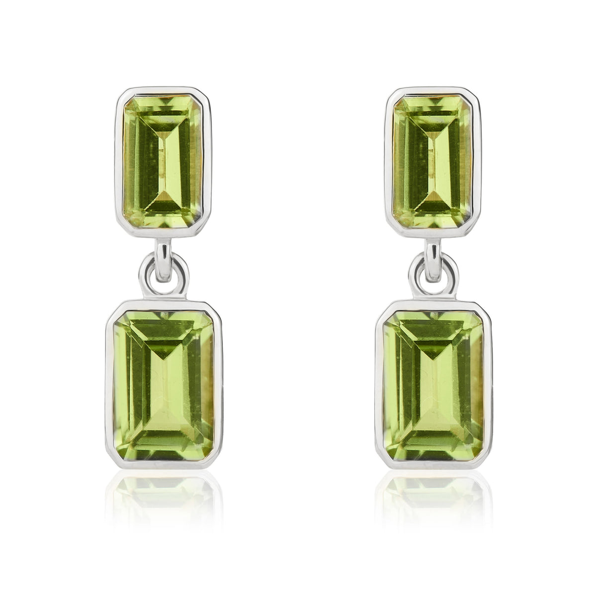 9CT WG OCTAGON PERIDOT 2ST RUBOVER DROP EARRINGS