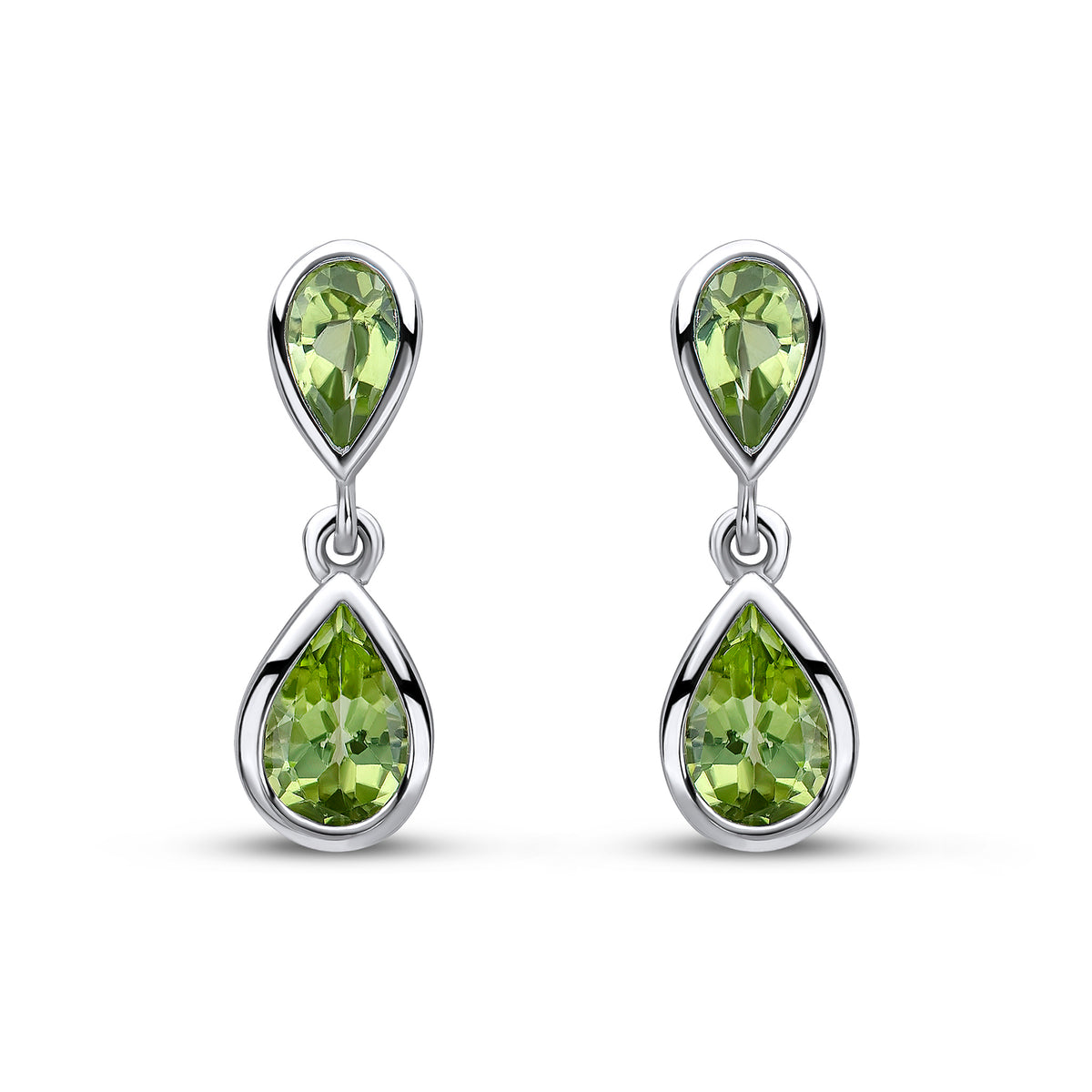 9CT WG  PEARSHAPE PERIDOT RUBOVER 2ST DROP EARRINGS
