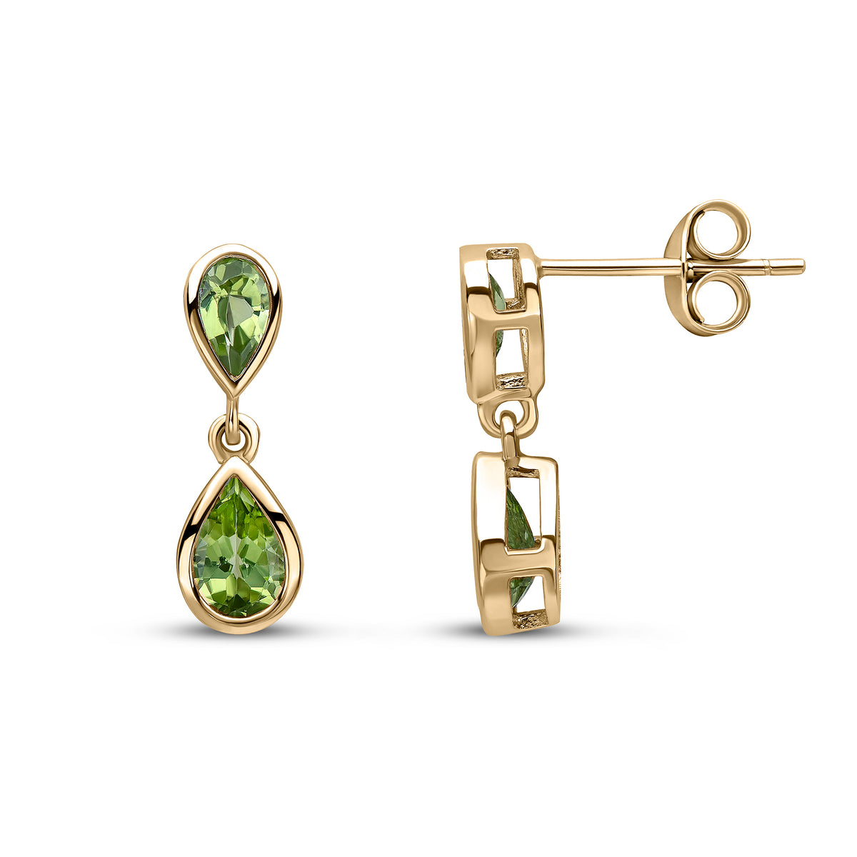 9CT YG PEARSHAPE PERIDOT RUBOVER 2ST DROP EARRINGS