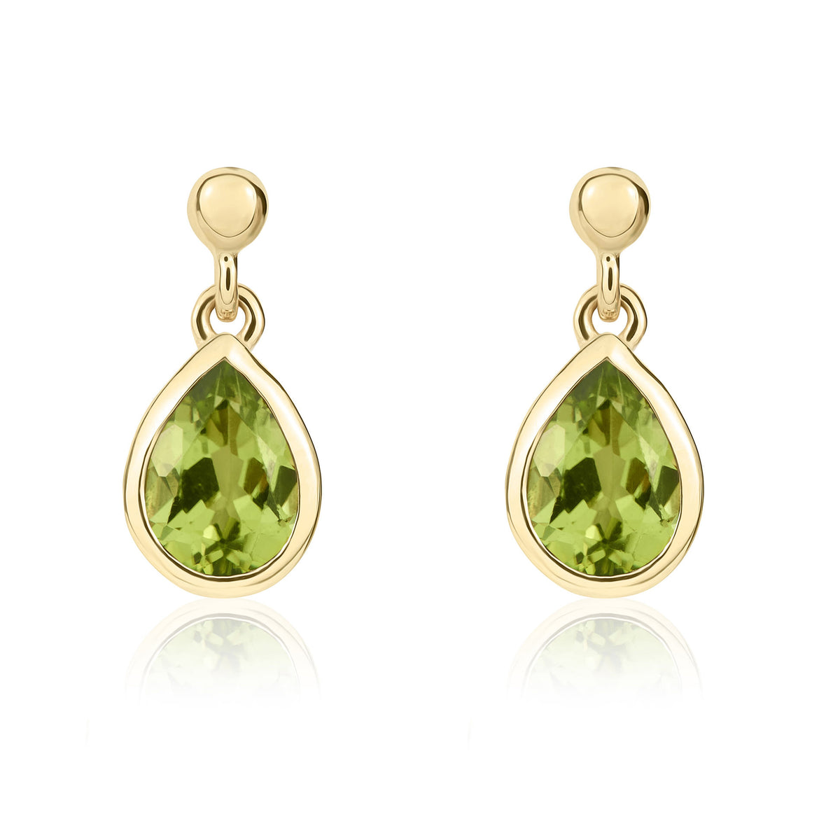 9CT YG 6X4MM PEARSHAPE PERIDOT RUBOVER DROP EARRINGS WITH 2.5MM BEAD TOP