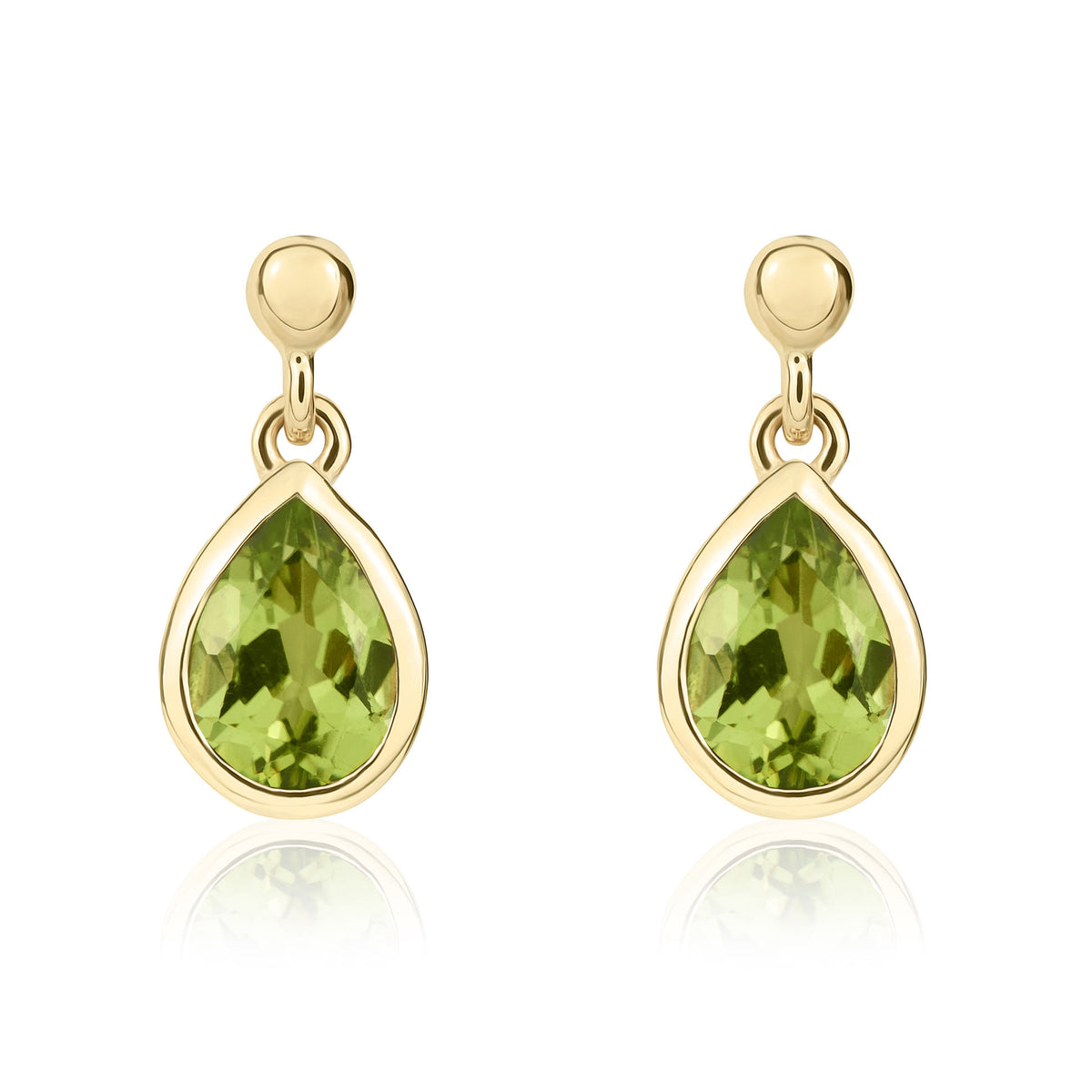 9CT YG 7X5 PEARSHAPE PERIDOT RUBOVER DROP EARRINGS WITH BEAD STUD TOP