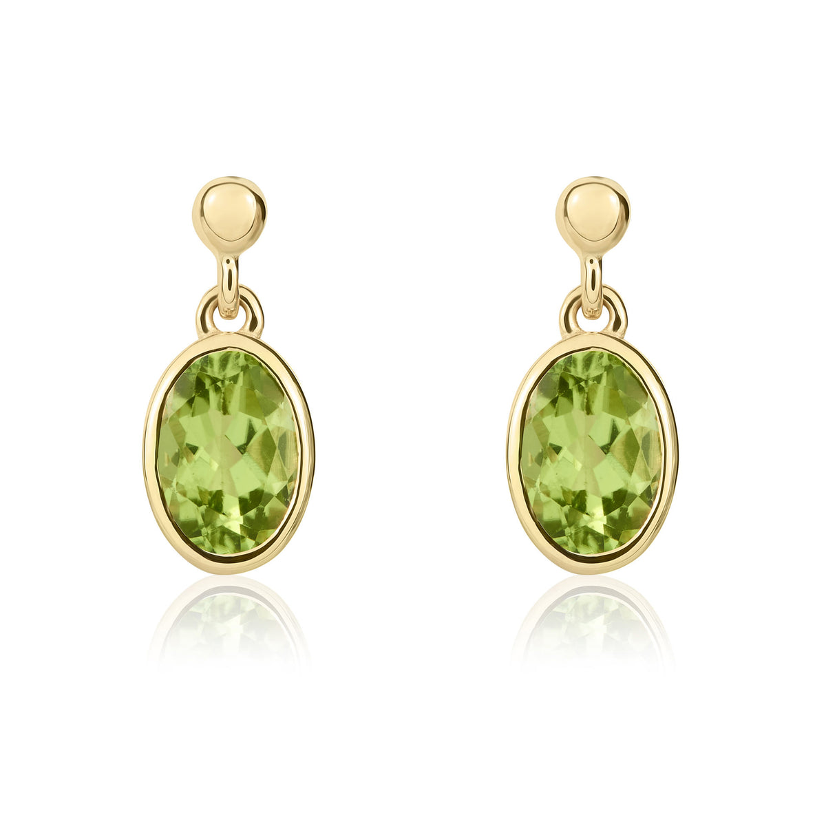 9CT YG 6X4 OVAL PERIDOT RUBOVER DROP EARRINGS WITH 2.5MM BEAD TOP
