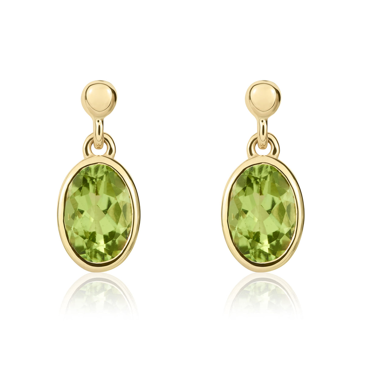 9CT YG 7X5MM OVAL PERIDOT RUBOVER DROP EARRINGS WITH BEAD TOP
