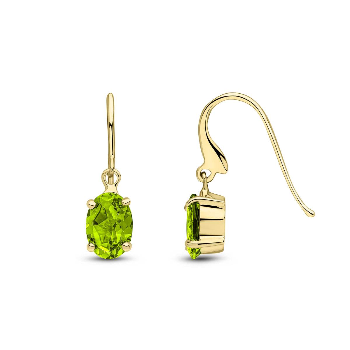 9CT YG 7X5 OVAL PERIDOT CLAW SET DROP EARRINGS WITH HOOK WIRE FITTING