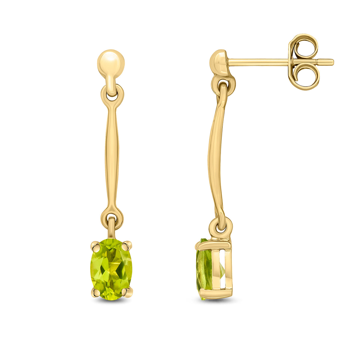 9CT YG CLAW SET 6X4MM OVAL PERIDOT AND BAR DROP EARRINGS
