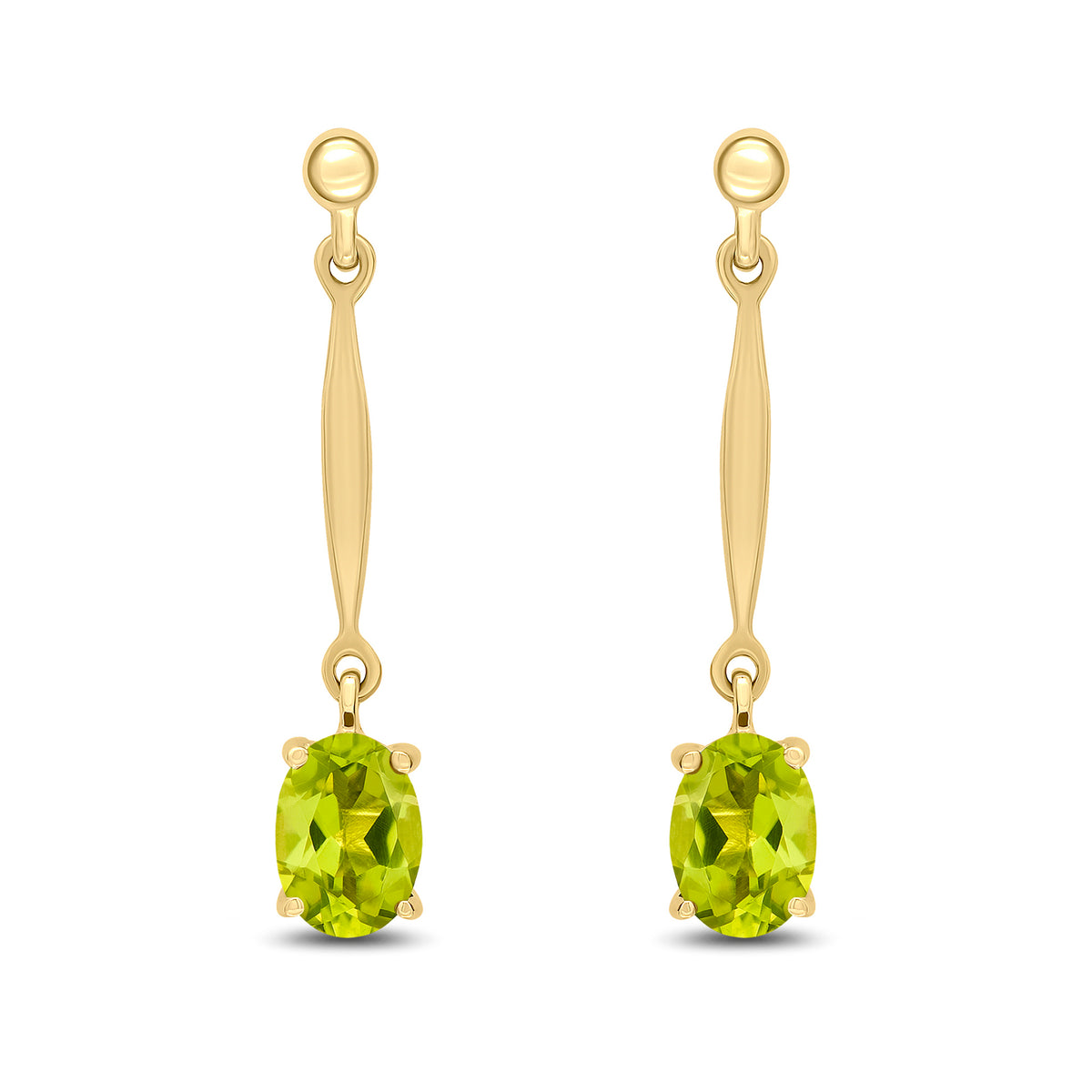 9CT YG 7X5MM OVAL PERIDOT AND BAR DROP EARRINGS WITH BEAD TOP