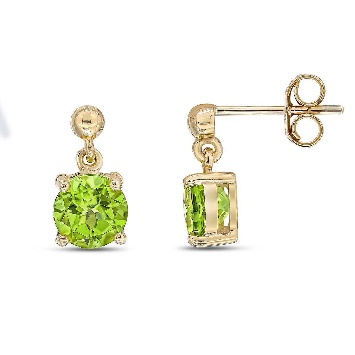 9CT YG 6MM ROUND PERIDOT CLAW SET DROP EARRINGS WITH BEAD TOP