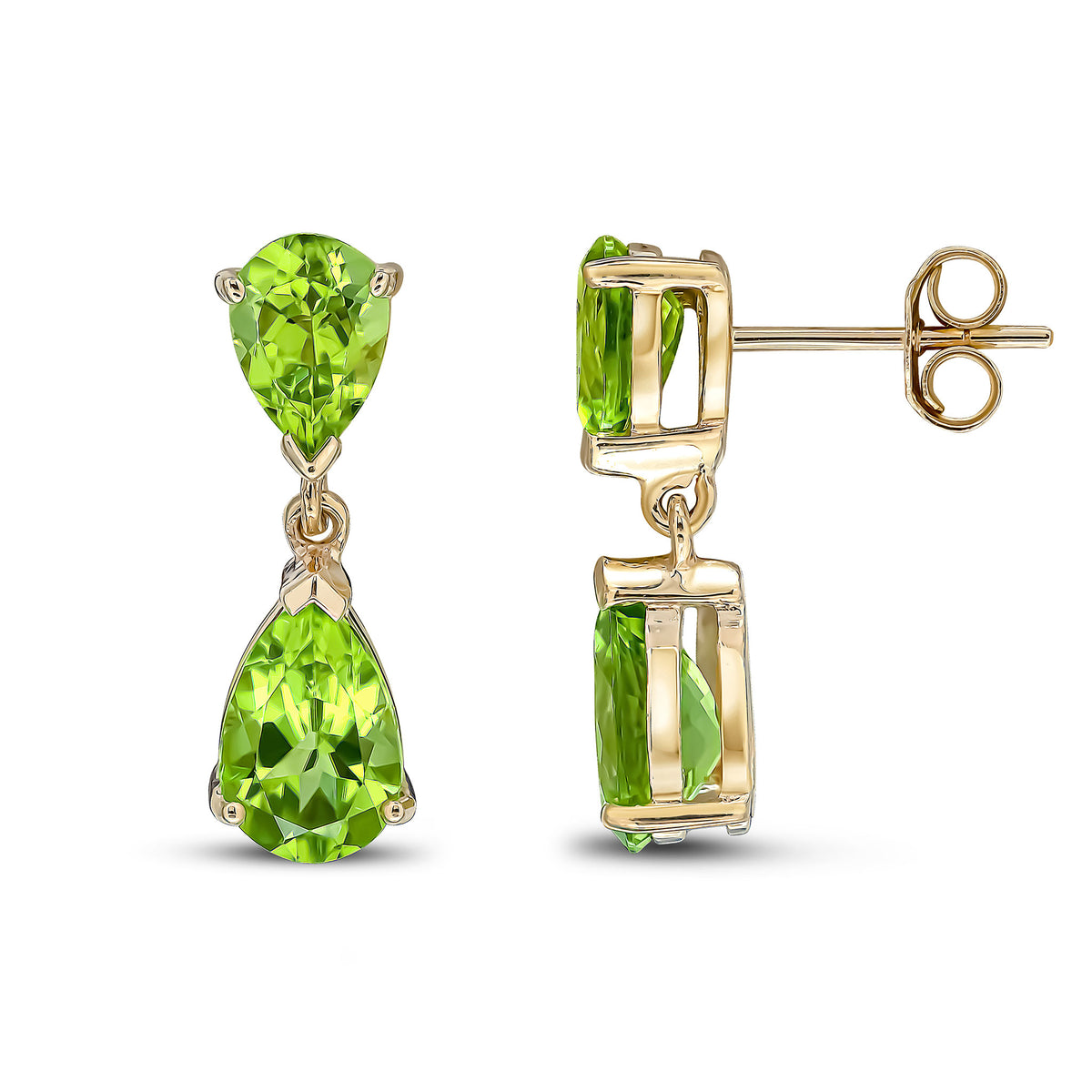9CT YG PEARSHAPE PERIDOT 2ST CLAW SET DROP EARRINGS