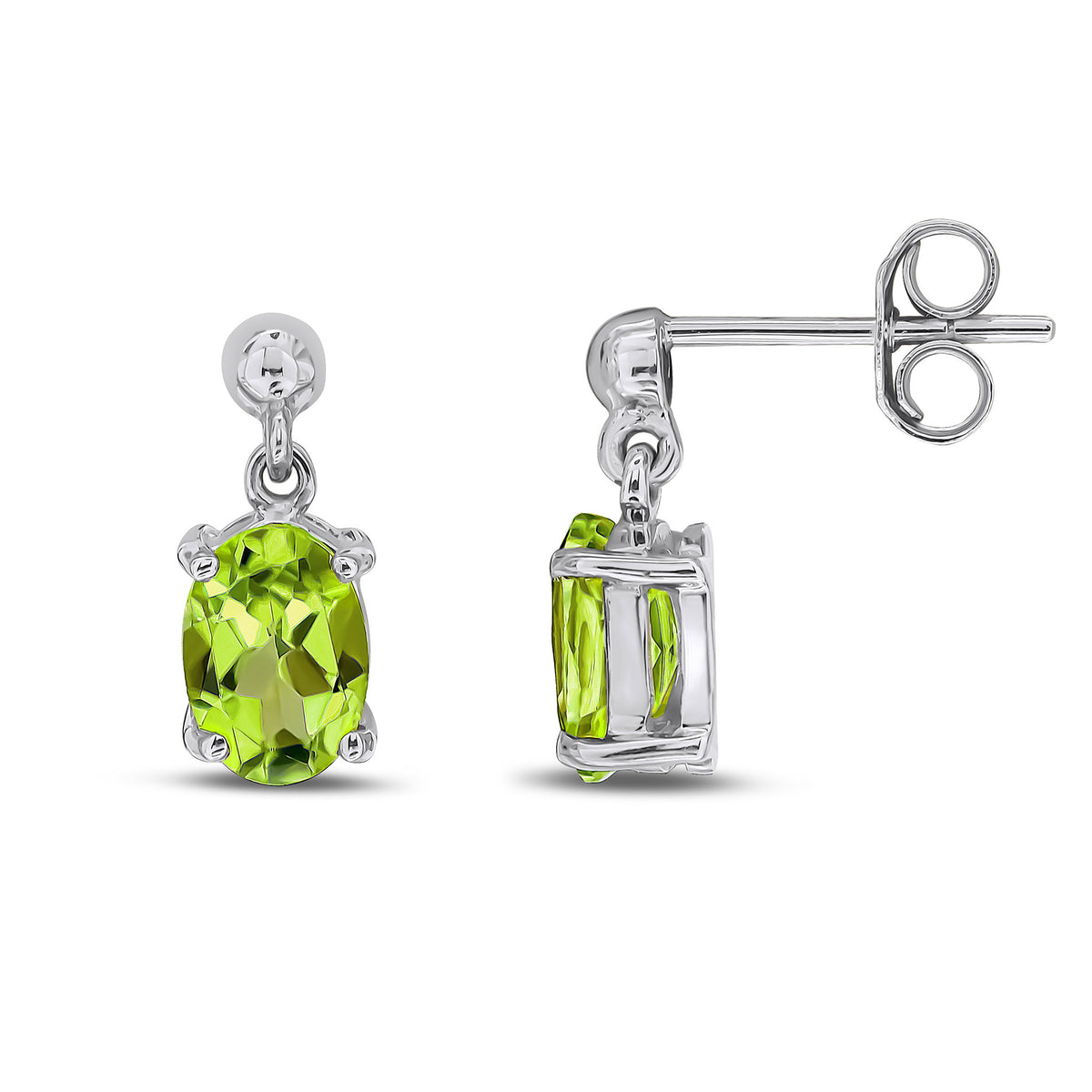 9CT WG OVAL 7X5MM PERIDOT CLAW DROP EARRINGS WITH BEAD TOP