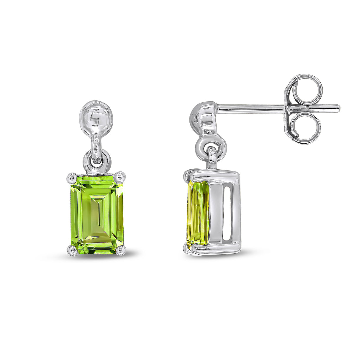 9CT WG 6X4 OCTAGON PERIDOT CLAW SET DROP EARRINGS WITH BEAD TOP